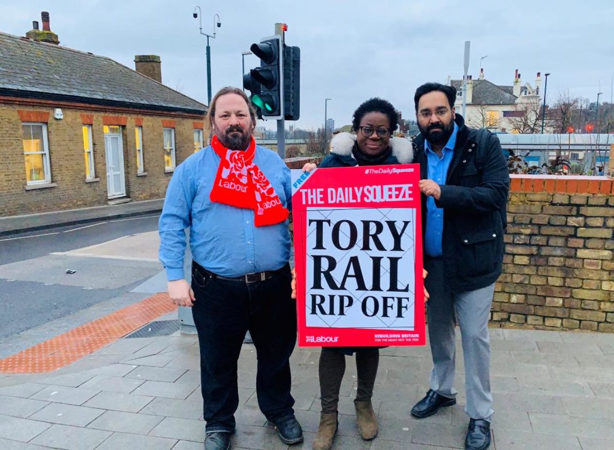 From left, Chatham Central Councillors Vince Maple, Siju Adeoye, Harinder Mahil, campaigning for lower fares outside Chatham Train Station