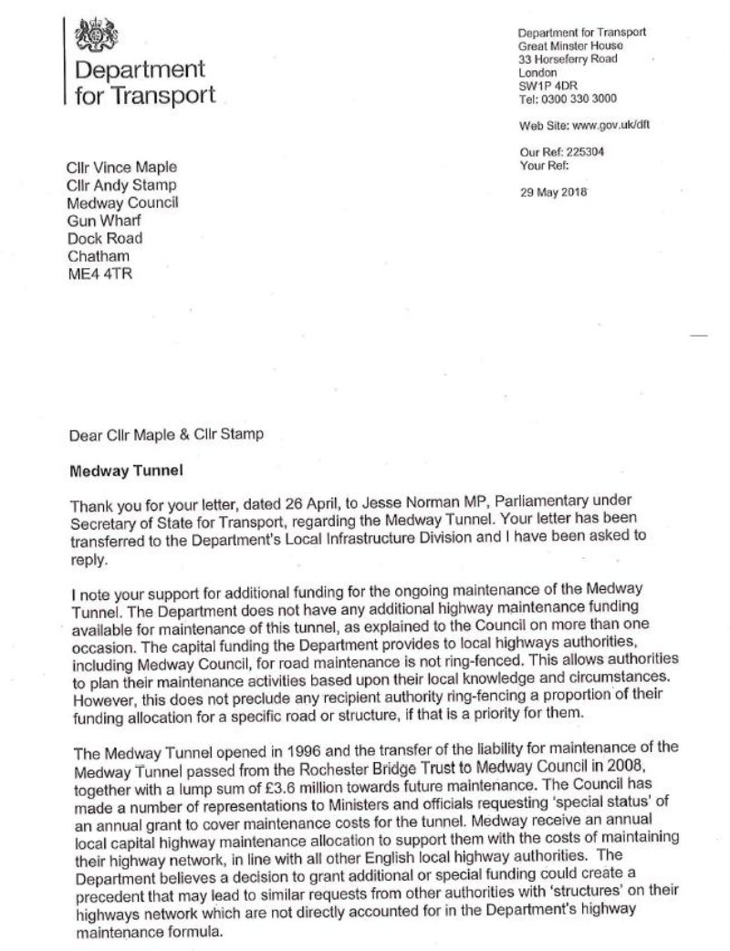 Response from DFT stating that they have told the Council on numerous occasions that they will not fund the Tunnel