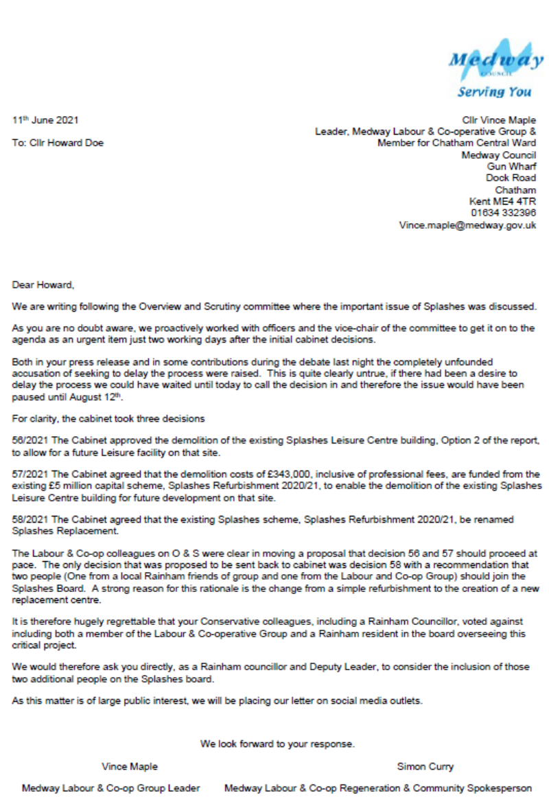 Letter to Howard Doe from Vince Maple