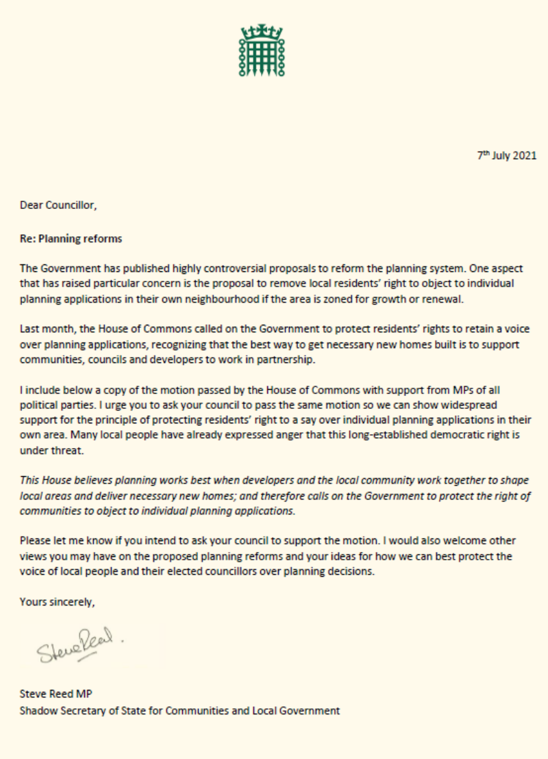 Letter from Steve Reed MP