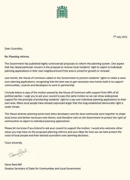 Letter from Steve Reed MP