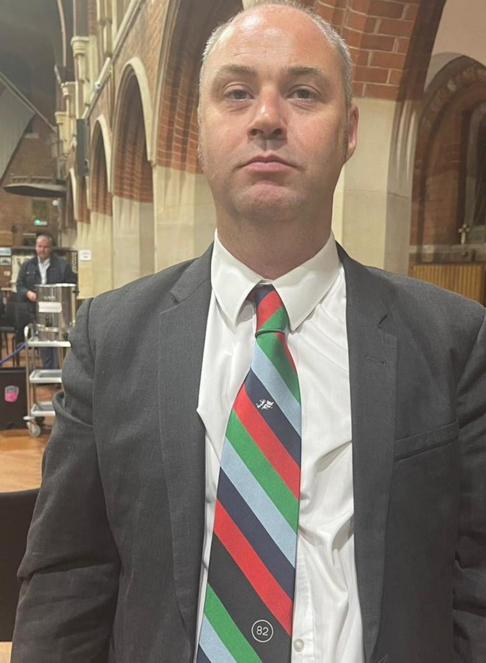 Cllr Prenter wearing a tie commemorating the Falklands conflict